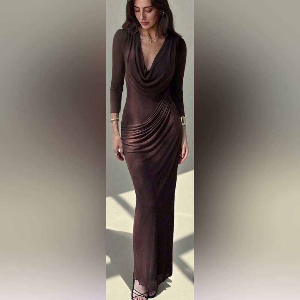 Draped Long Sleeve Maxi Dress in Chocolate Brown